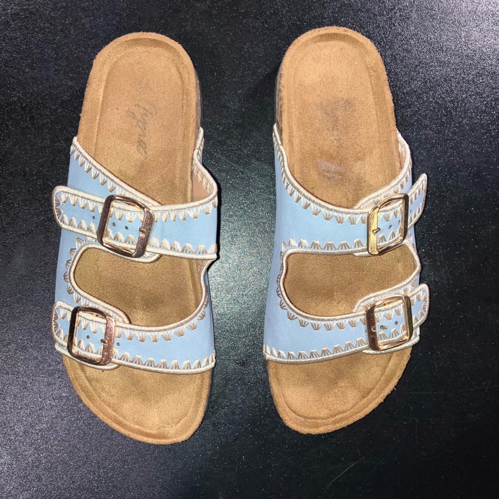 Double Strap Slide Sandals Womens 6 Blue Boho Whipstitch Embroidered Cork Buckle